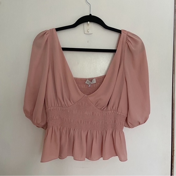 WAYF Blush Pink Puff Sleeve Smocked Peplum Cropped Blouse - Picture 2 of 7
